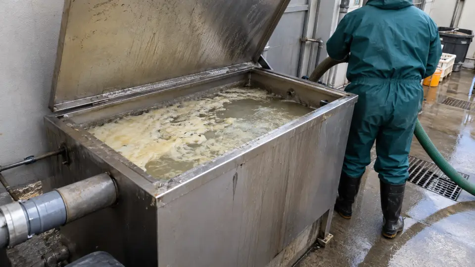 Cámara desgrasadora de acero abierta con grasa en la superficie y un operario con traje impermeable