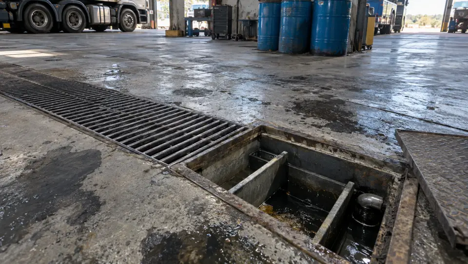 Cámara separadora de hidrocarburos abierta en el piso de un taller de camiones