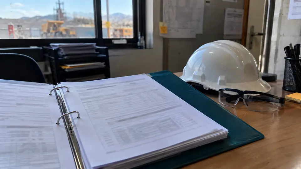 Carpeta con formularios sobre un escritorio de planta junto a un casco y lentes de seguridad