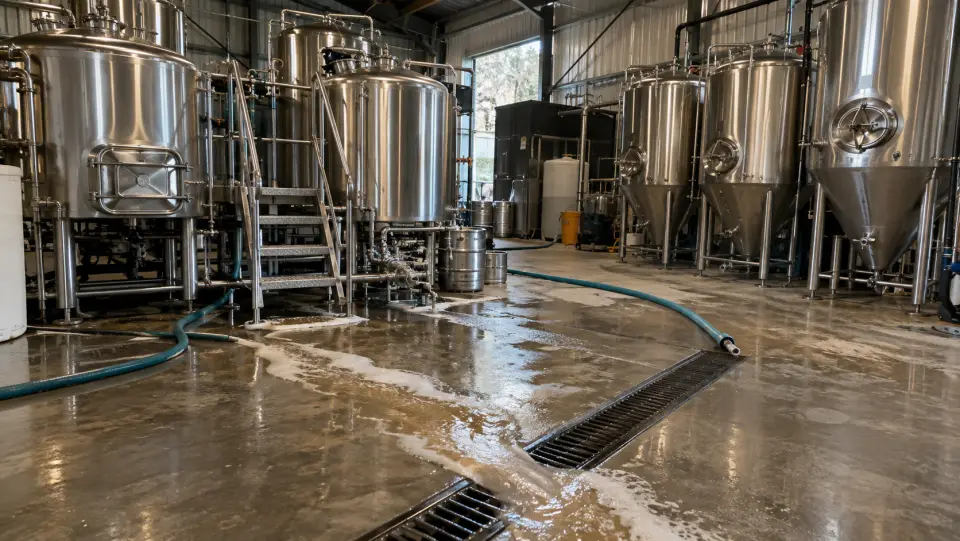 Agua espumosa corriendo a la canaleta del piso entre fermentadores de acero de una cervecería
