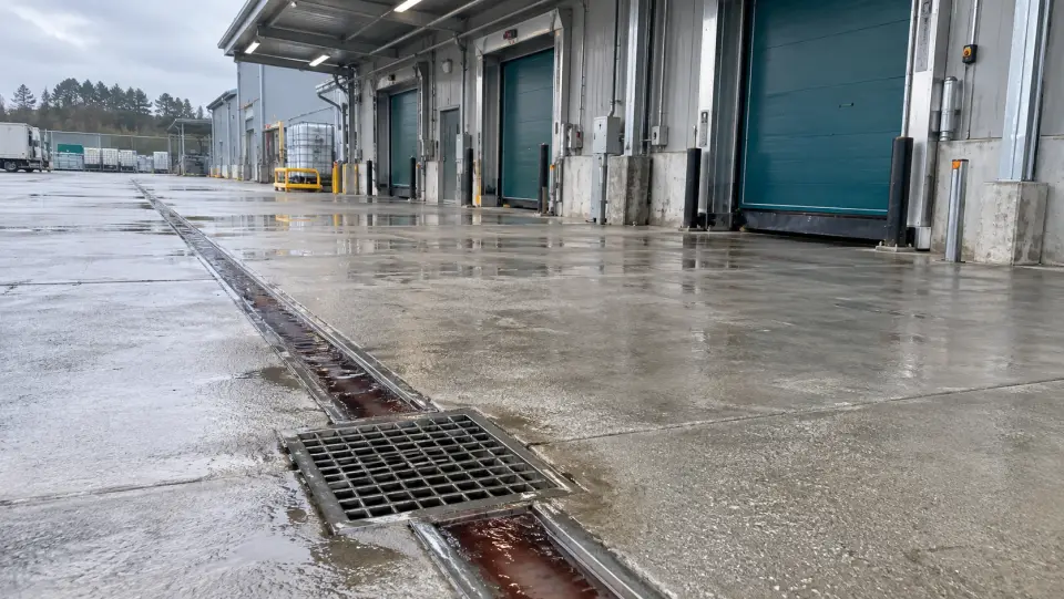 Canaleta con rejilla y agua rojiza diluida frente a los andenes cerrados de un frigorífico