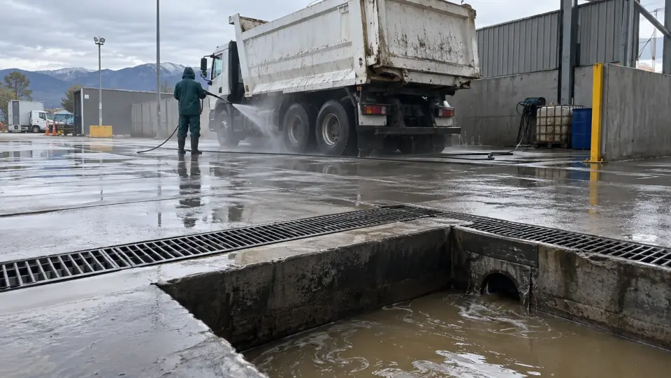 Operario lavando un camión tolva con hidrolavadora y el agua con barro corriendo a una cámara decantadora