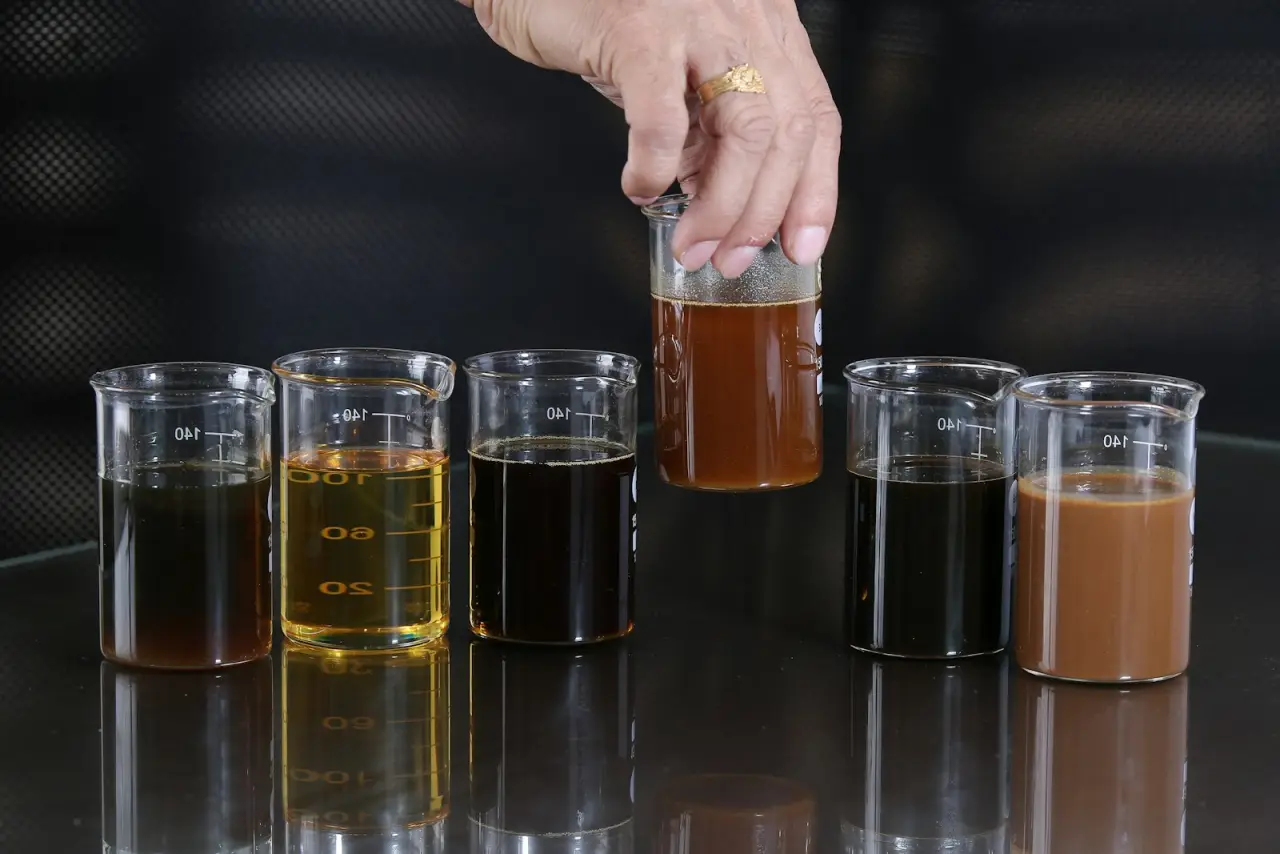 Vasos de laboratorio con muestras de agua de distintos colores
