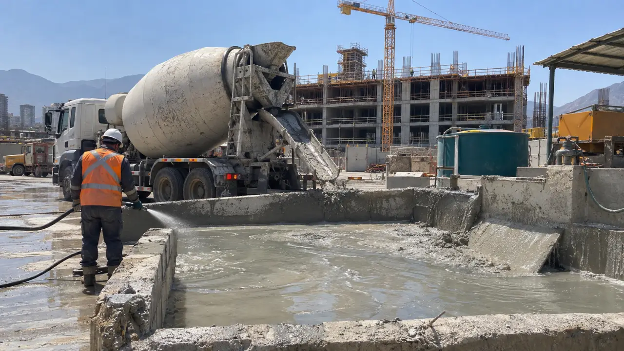 Operario lavando la canoa de un camión mixer sobre una piscina decantadora de lechada en una obra
