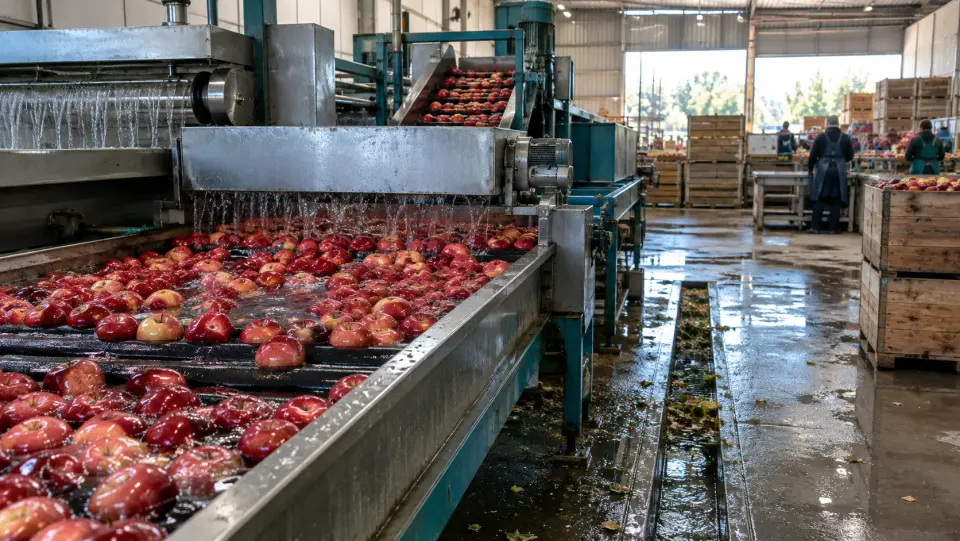 Manzanas en la línea de lavado de un packing con la canaleta de piso llena de agua y hojas