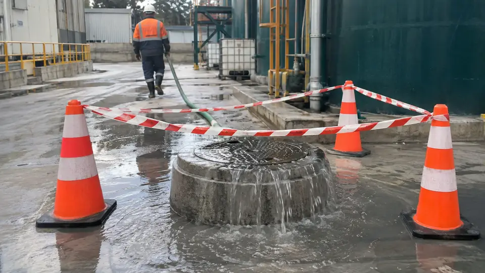 Cámara rebalsando agua residual en un patio industrial, cercada con conos y cinta de seguridad