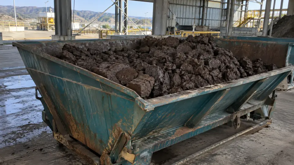 Tolva metálica llena de lodo industrial deshidratado bajo un galpón