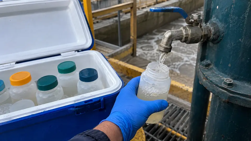 Mano con guante llenando un frasco de muestra desde una llave, junto a una caja térmica con frascos